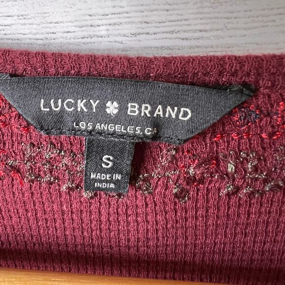 Lucky Brand Top Womens Size Small Burgundy Thermal Henley with Floral Embroidery - Picture 2 of 16